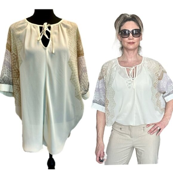 Madison Paige cream web sleeve bat wing front tie blouse semi sheer Sz L - Picture 2 of 15